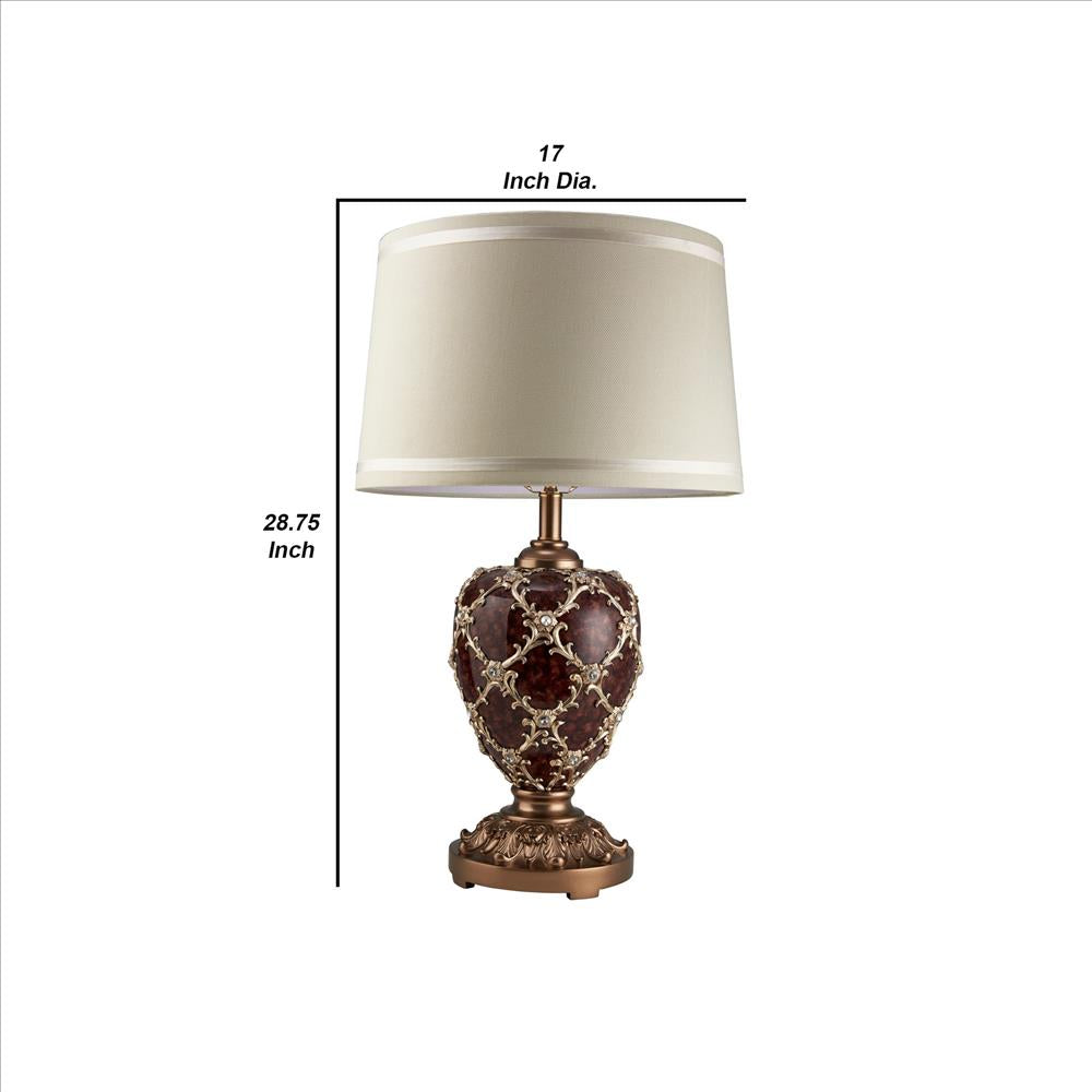 Benjara Polyresin Urn Shaped Table Lamp with Diamond Stencils Pattern, Brown