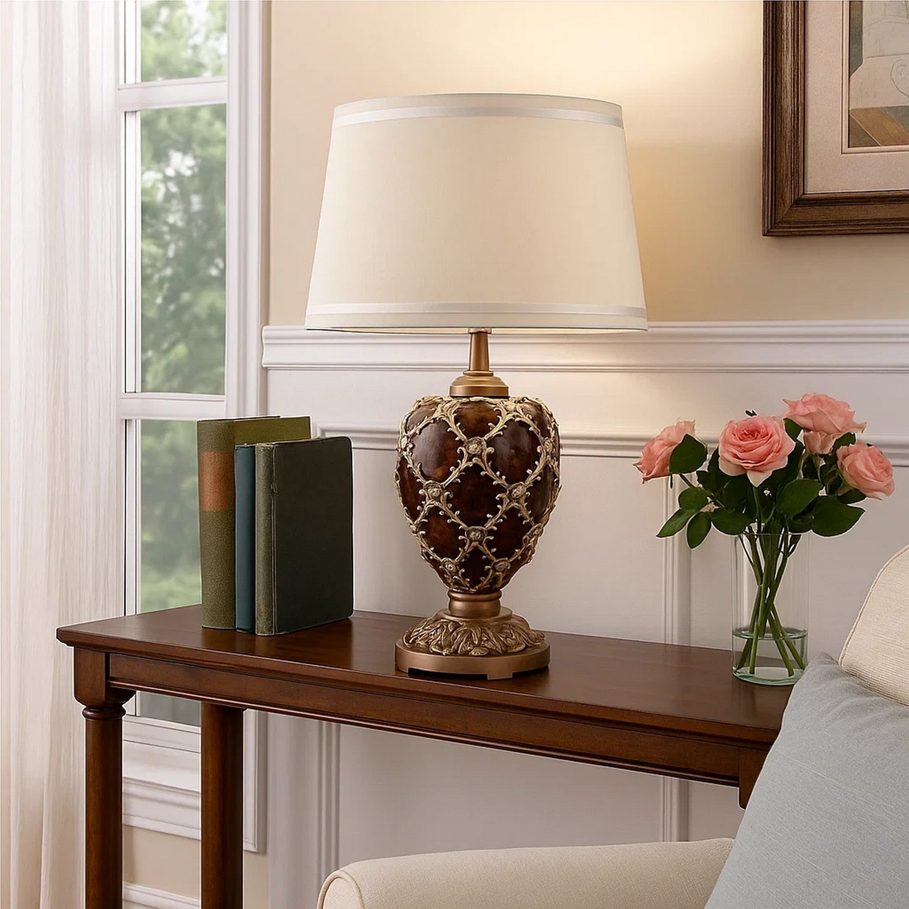 Benjara Polyresin Urn Shaped Table Lamp with Diamond Stencils Pattern, Brown