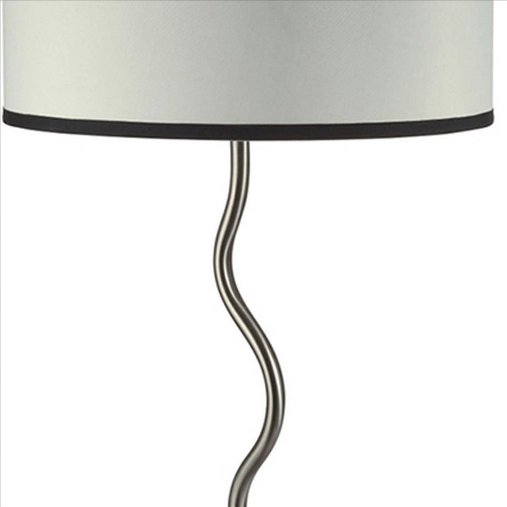 Benjara 29 Inch Round Drum Shade Table Lamp, Curved Tubular Frame, Silver