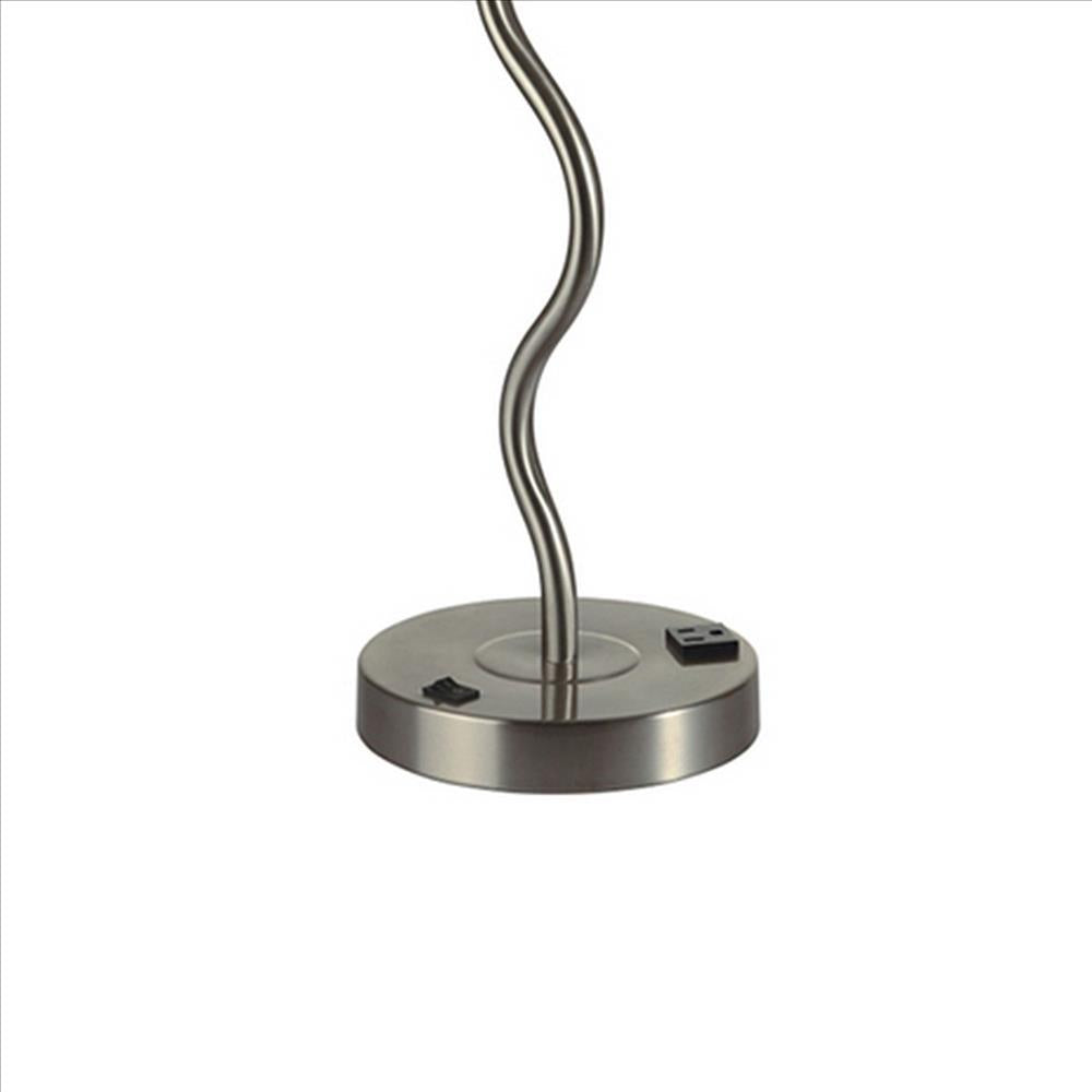 Benjara 29 Inch Round Drum Shade Table Lamp, Curved Tubular Frame, Silver