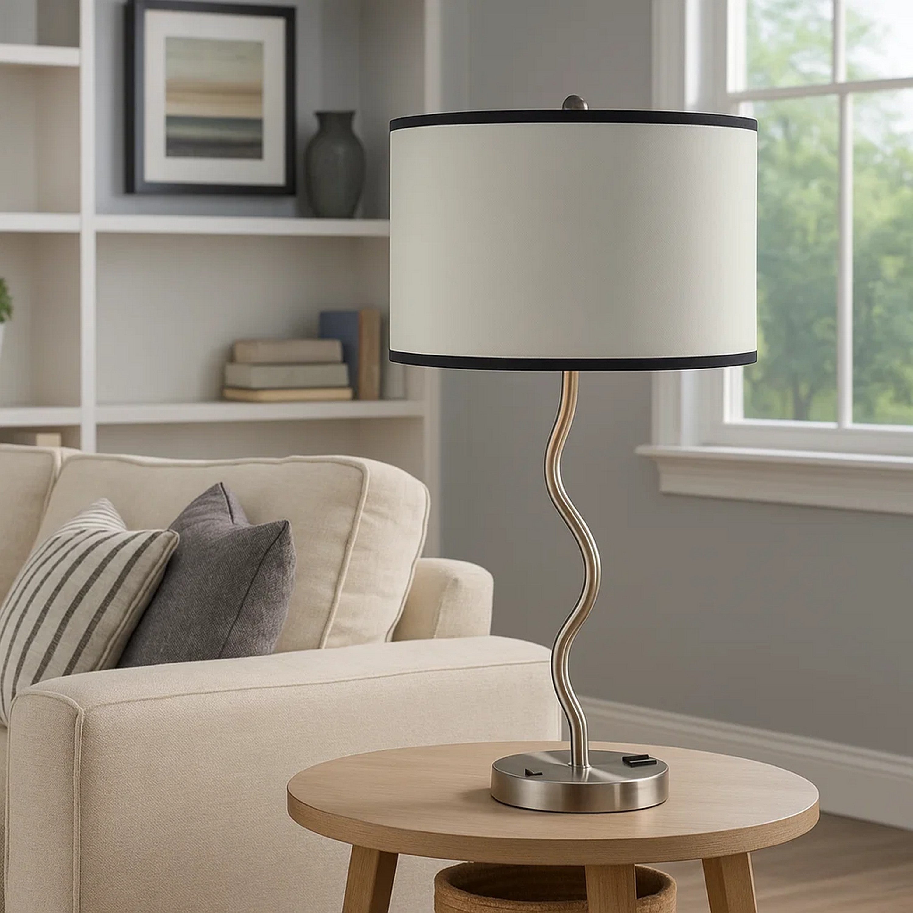 Benjara 29 Inch Round Drum Shade Table Lamp, Curved Tubular Frame, Silver