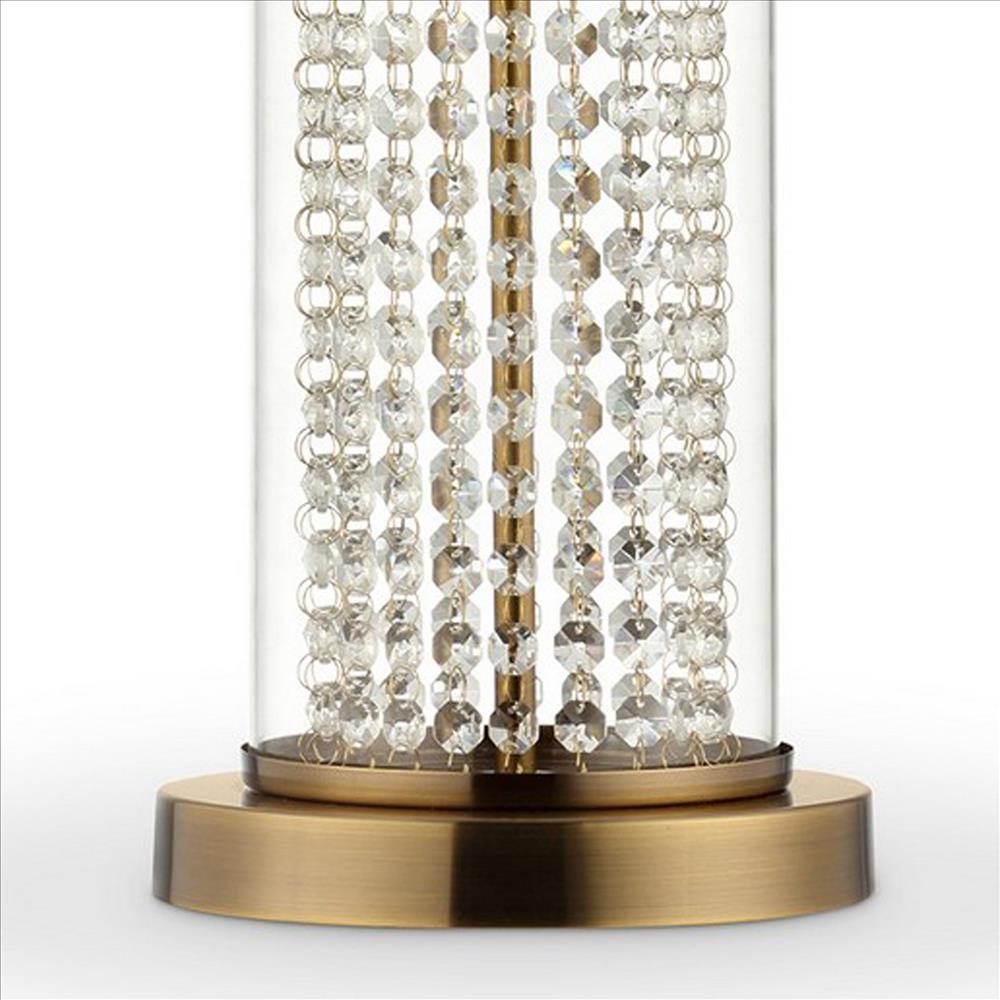 Benjara Table Lamp with Cylindrical Drum And Stacked Crystals, Gold