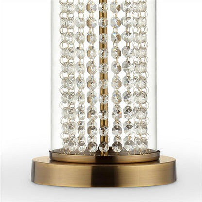 Benjara Table Lamp with Cylindrical Drum And Stacked Crystals, Gold