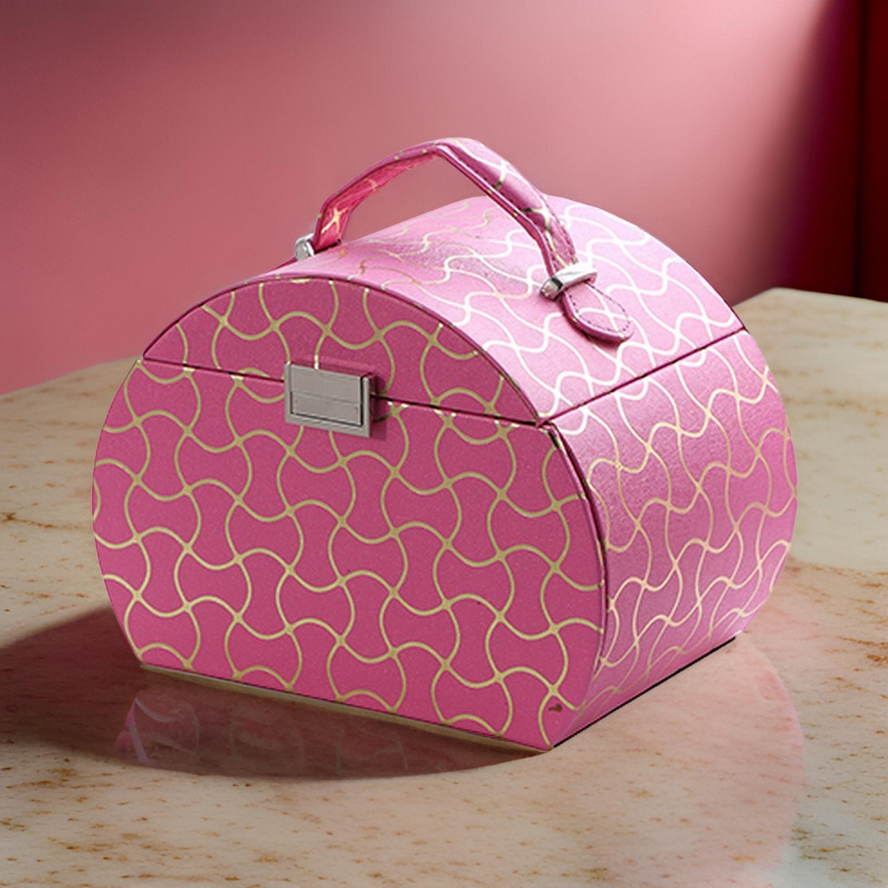Benjara Travel Jewelry Case with 2 Drawer Storage And Wavy Textured Pattern, Pink