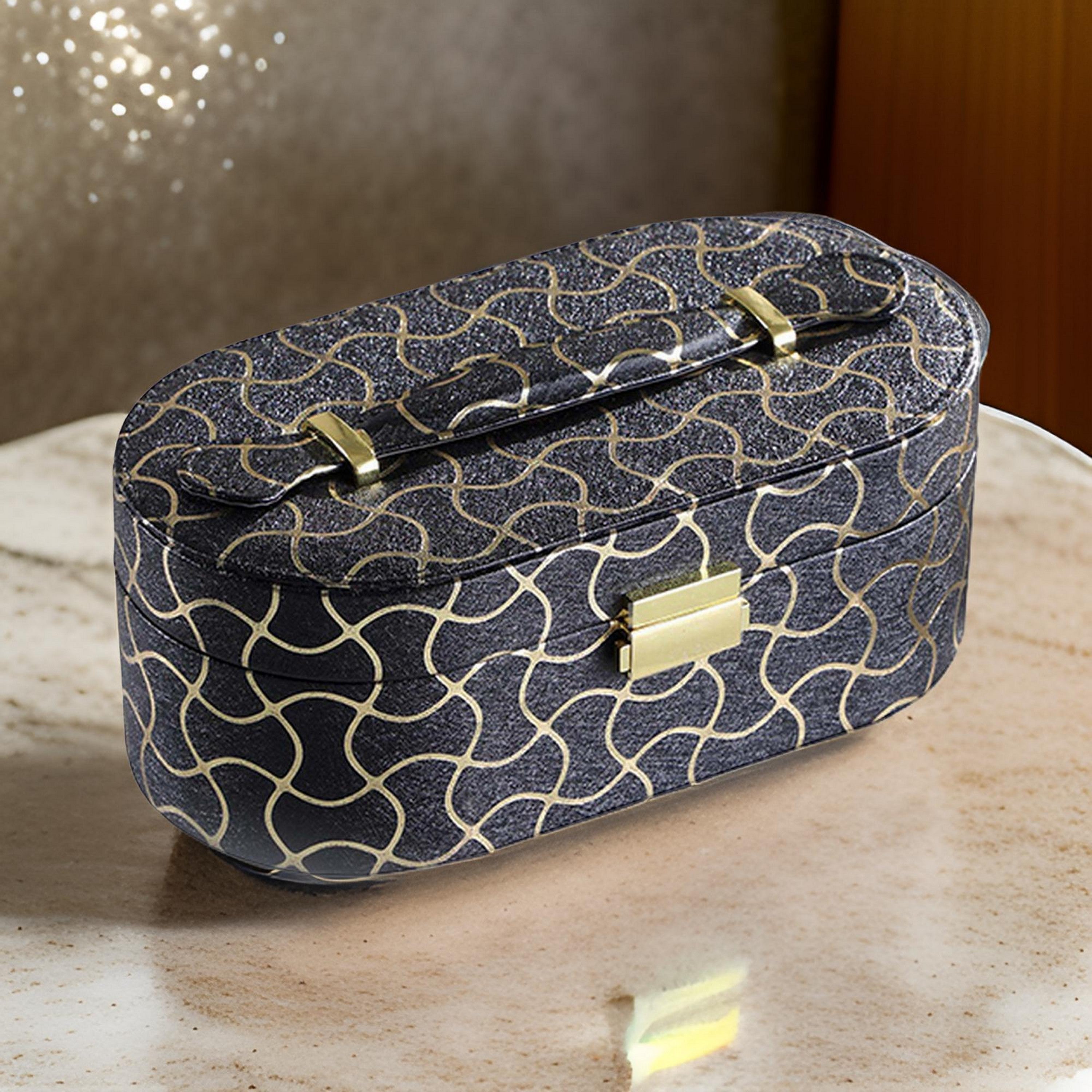 Benjara Travel Jewelry Case with 2 Semicircle Slots And Wavy Pattern, Black