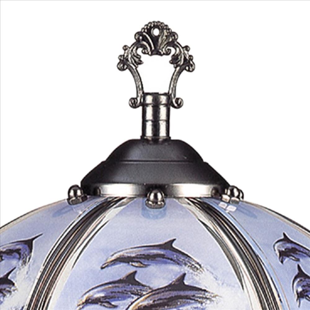 Benjara Umbrella Shade Glass Table Lamp with Dolphin Print, Silver