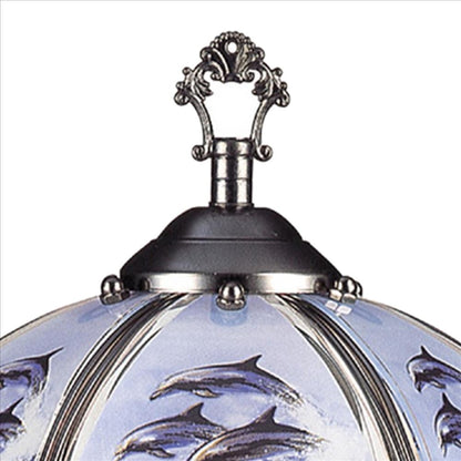 Benjara Umbrella Shade Glass Table Lamp with Dolphin Print, Silver
