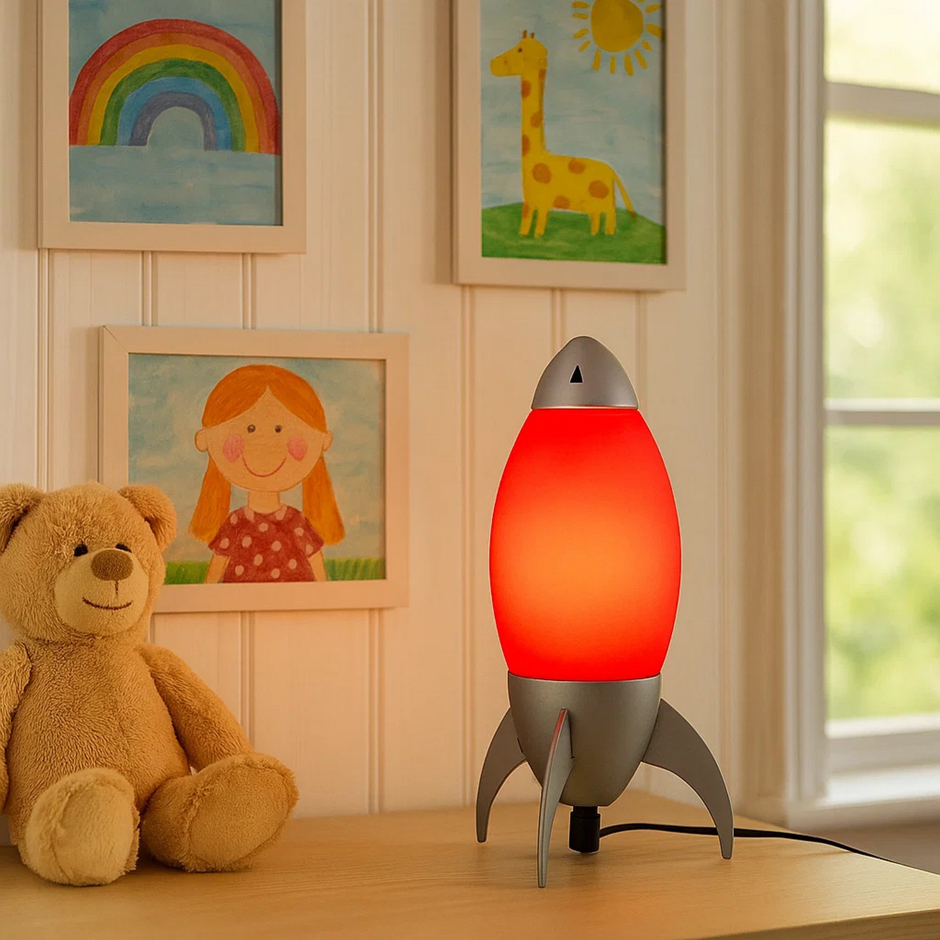 Benjara Kid Table Lamp with Rocket Design Silhouette, Red
