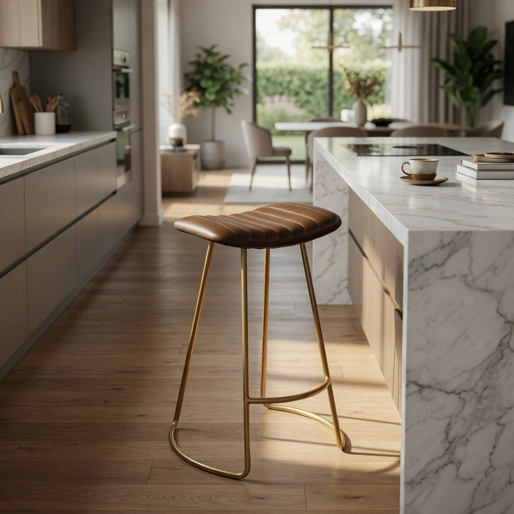 Benjara Counter Stool with Leatherette Vertical Channel Stitching, Brown And Antique Brass
