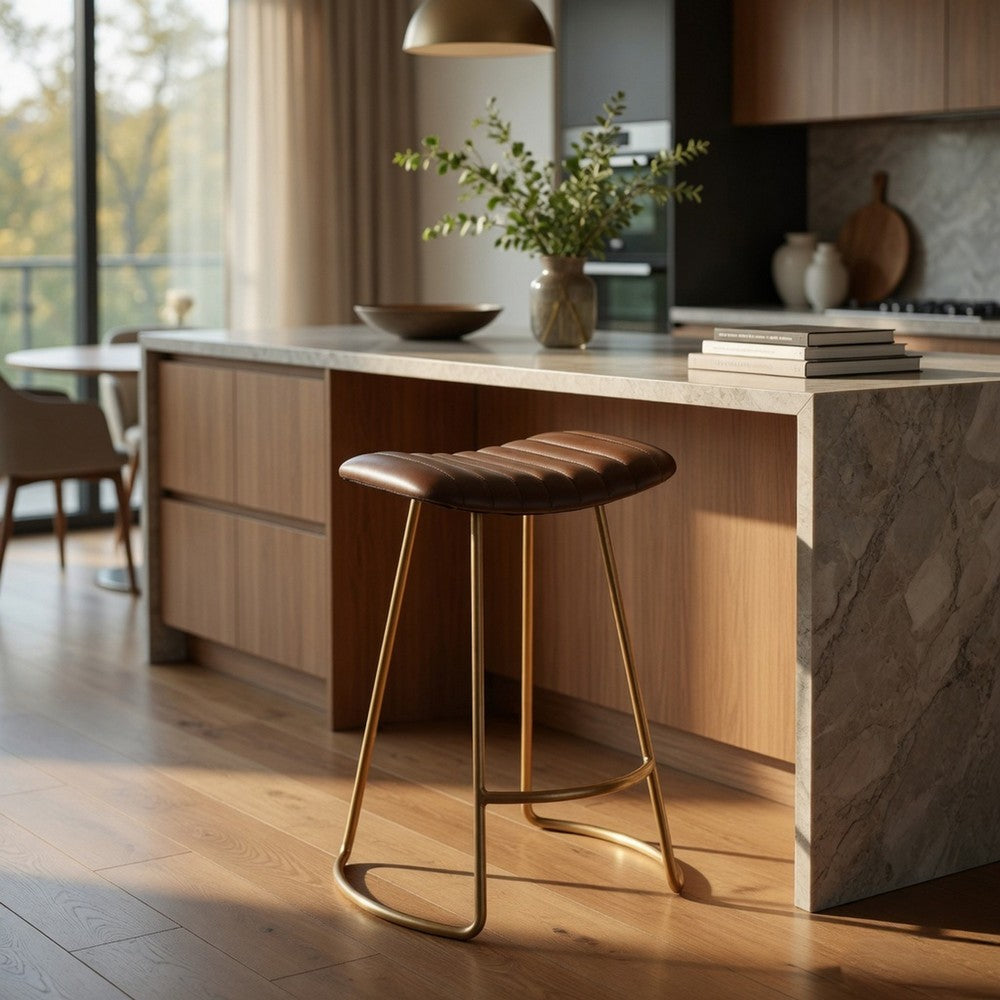 Benjara Counter Stool with Leatherette Vertical Channel Stitching, Brown And Antique Brass