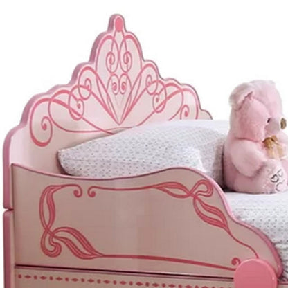 Benjara Twin Bed with MDF Scalloped And Scroll Motif Design, Pink