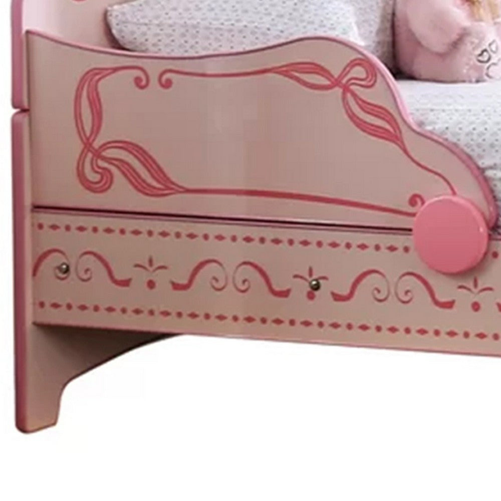 Benjara Twin Bed with MDF Scalloped And Scroll Motif Design, Pink