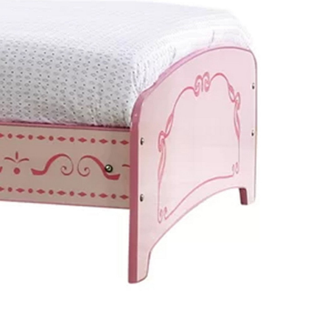 Benjara Twin Bed with MDF Scalloped And Scroll Motif Design, Pink