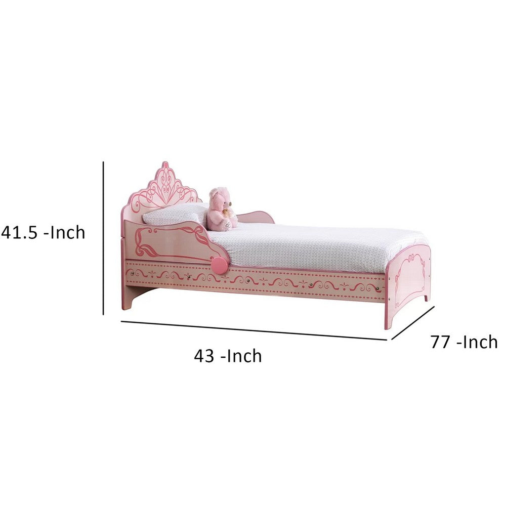 Benjara Twin Bed with MDF Scalloped And Scroll Motif Design, Pink