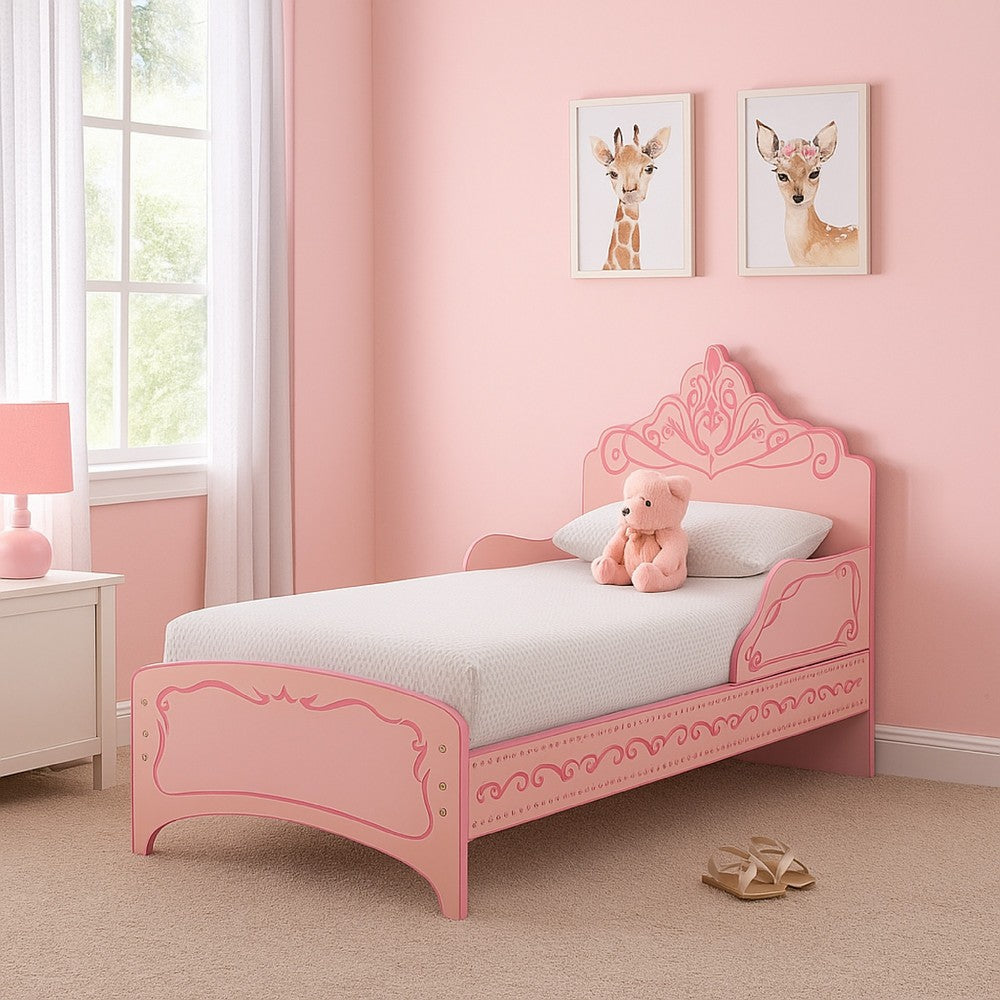 Benjara Twin Bed with MDF Scalloped And Scroll Motif Design, Pink