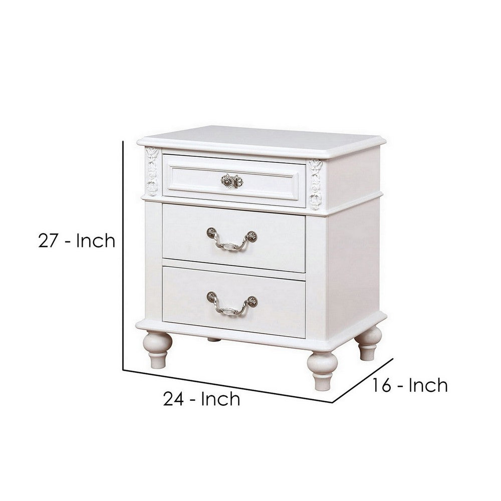 Benjara Nightstand with 3 Drawers And Built In USB Port, White