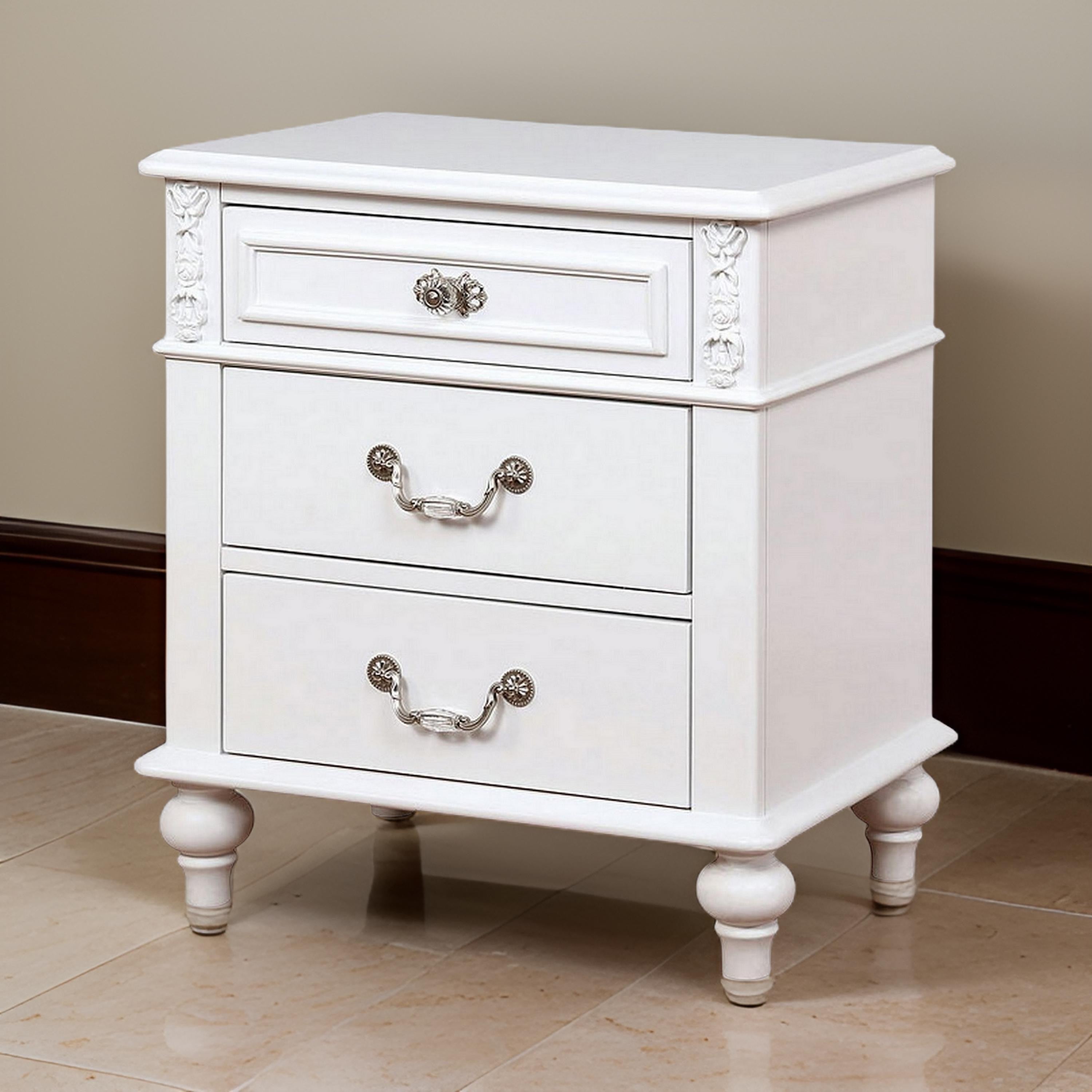 Benjara Nightstand with 3 Drawers And Built In USB Port, White