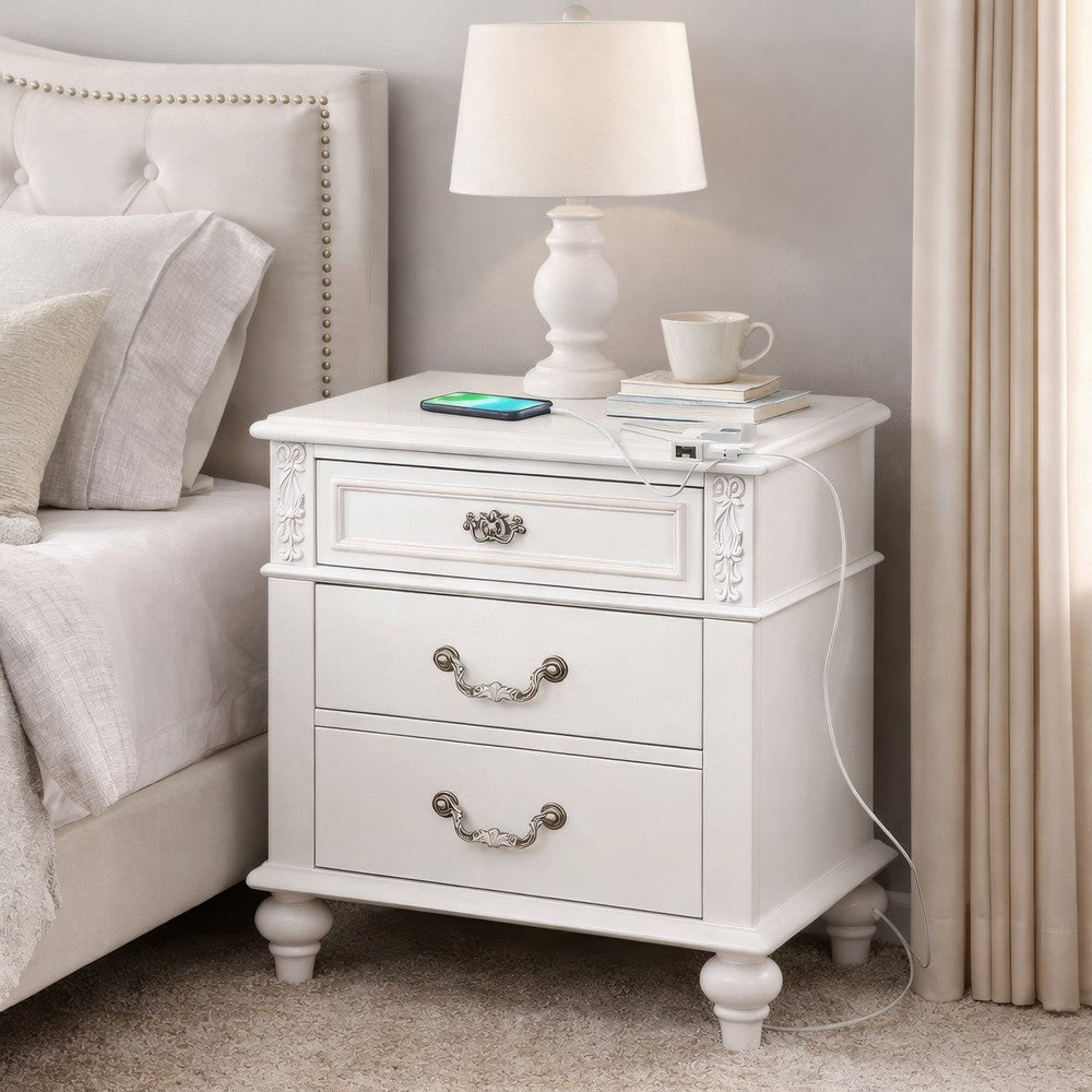 Benjara Nightstand with 3 Drawers And Built In USB Port, White