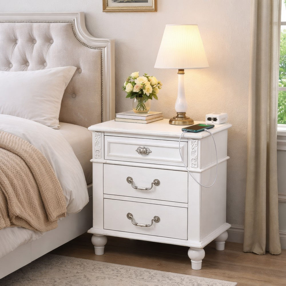 Benjara Nightstand with 3 Drawers And Built In USB Port, White