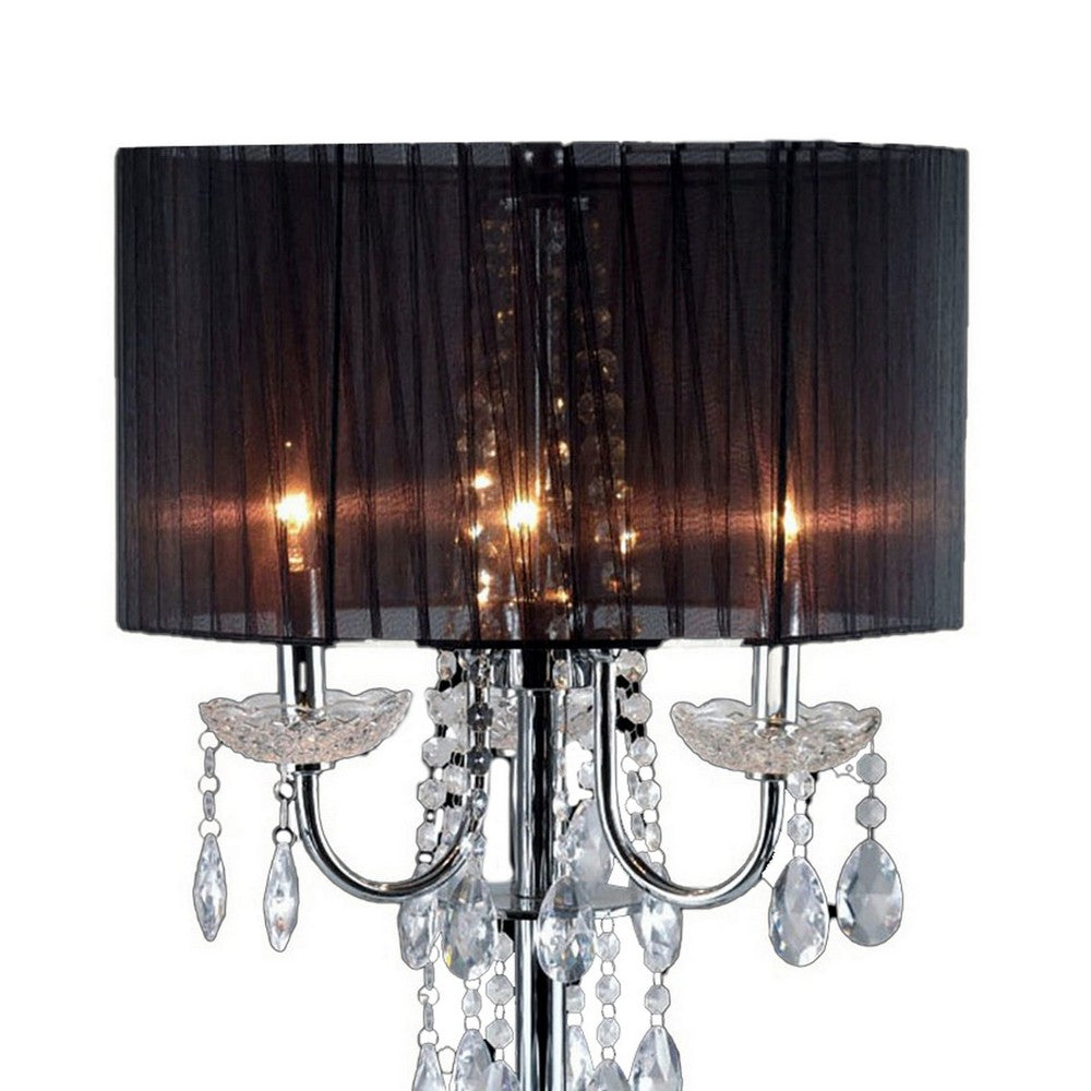 Benjara Table Lamp with Pleated Drum Shade And Crystal Droplets, Chrome