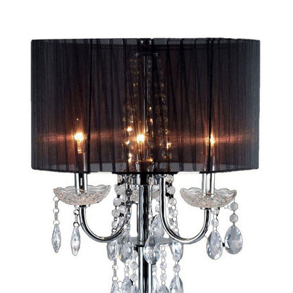 Benjara Table Lamp with Pleated Drum Shade And Crystal Droplets, Chrome