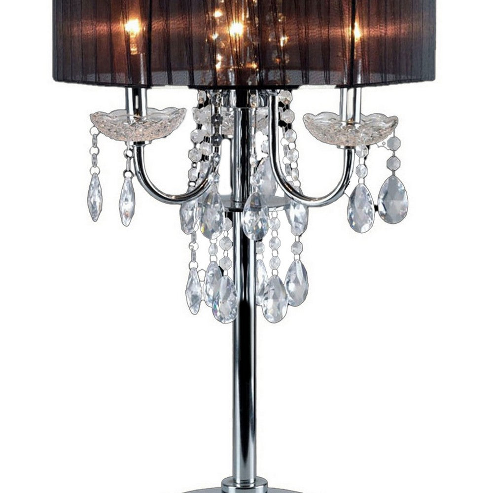 Benjara Table Lamp with Pleated Drum Shade And Crystal Droplets, Chrome