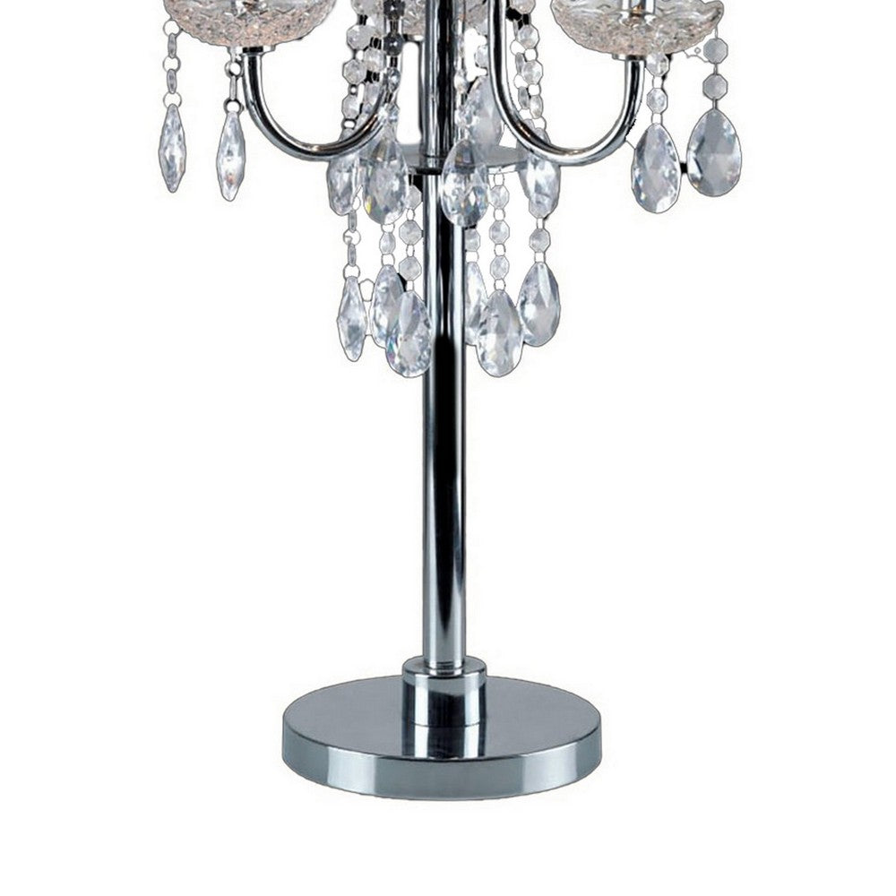 Benjara Table Lamp with Pleated Drum Shade And Crystal Droplets, Chrome
