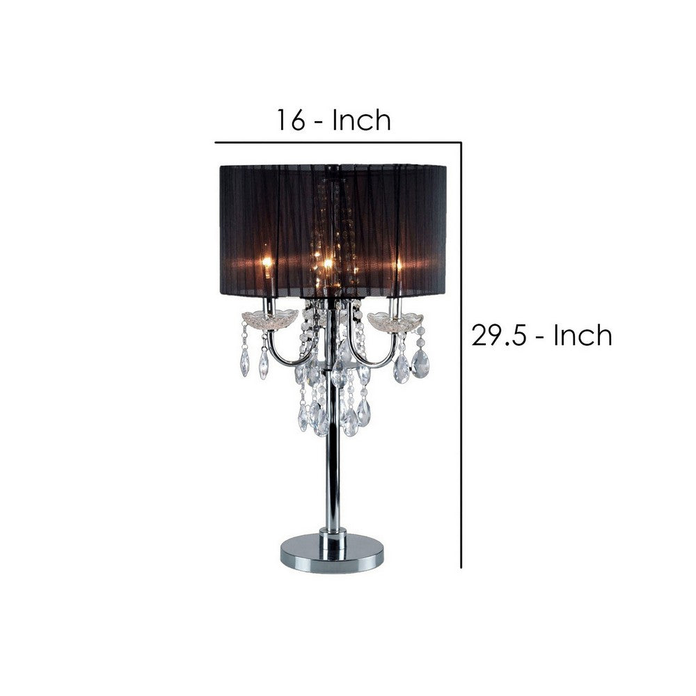 Benjara Table Lamp with Pleated Drum Shade And Crystal Droplets, Chrome