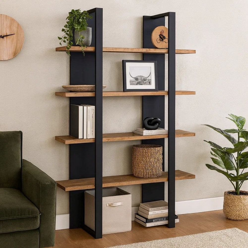 Benjara Bookcase with 4 Tier Shelves And Wooden Frame, Brown And Black