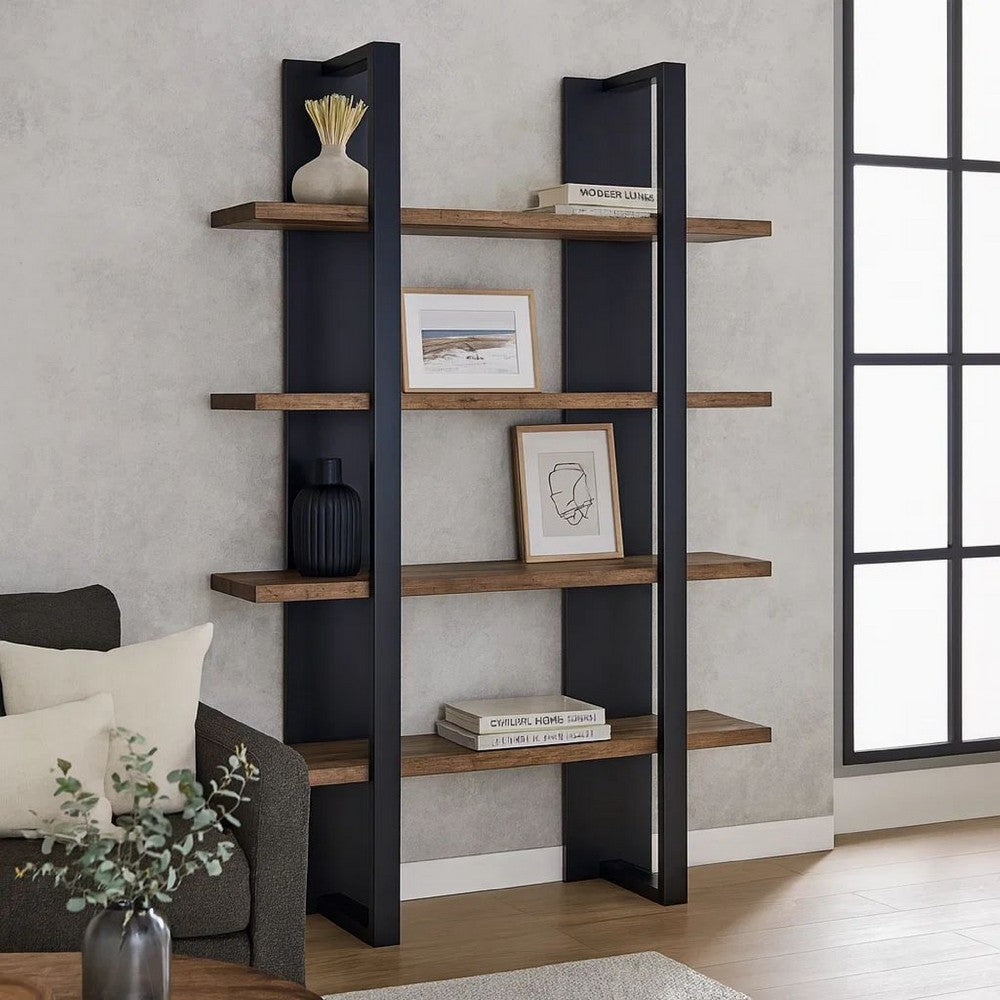 Benjara Bookcase with 4 Tier Shelves And Wooden Frame, Brown And Black