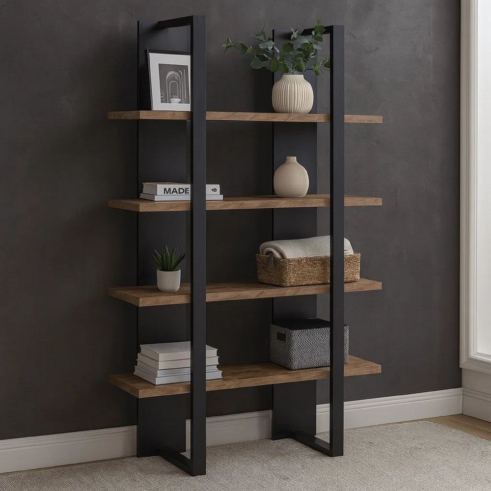 Benjara Bookcase with 4 Tier Shelves And Wooden Frame, Brown And Black