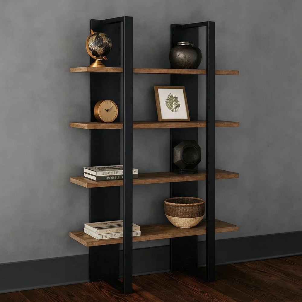 Benjara Bookcase with 4 Tier Shelves And Wooden Frame, Brown And Black