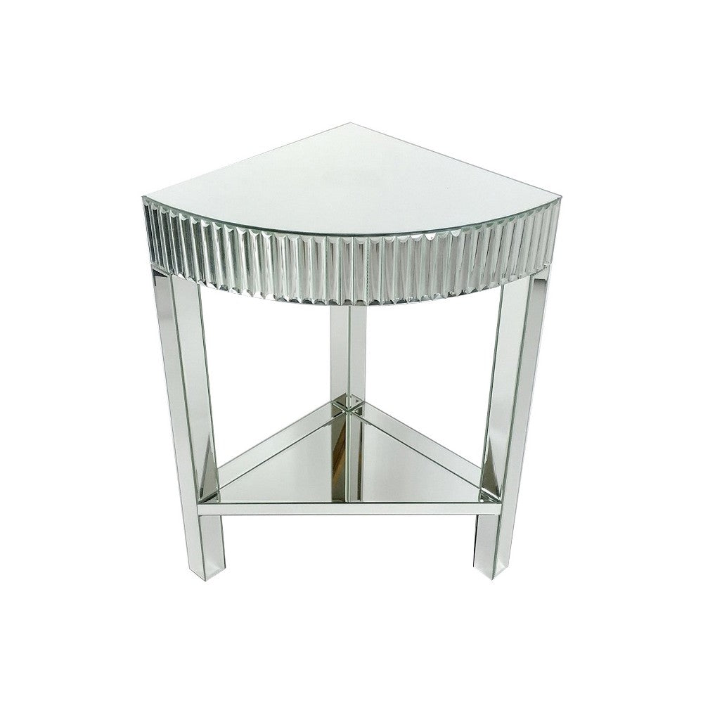 Benjara Corner Table with Beveled Mirror Frame And Open Bottom Shelf, Clear