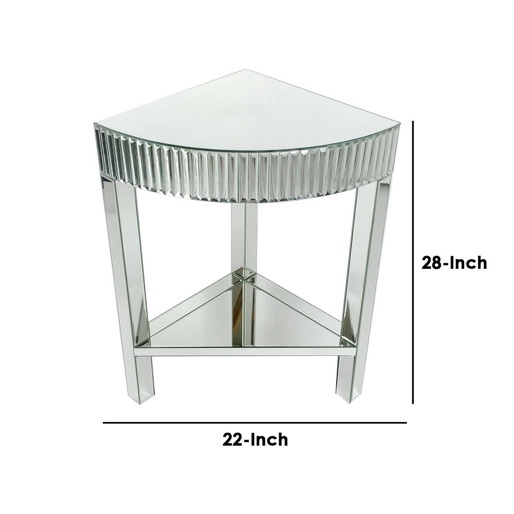Benjara Corner Table with Beveled Mirror Frame And Open Bottom Shelf, Clear