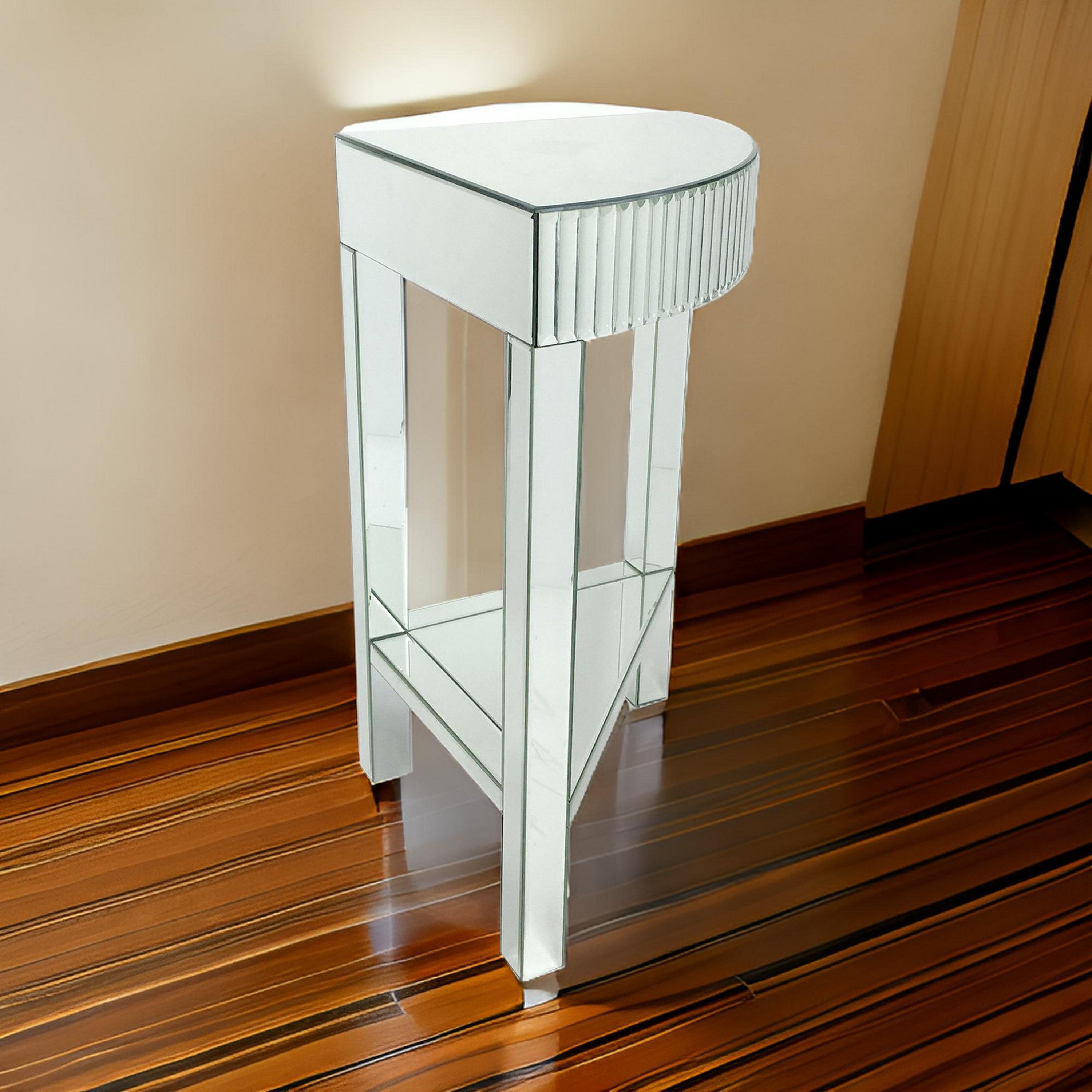 Benjara Corner Table with Beveled Mirror Frame And Open Bottom Shelf, Clear