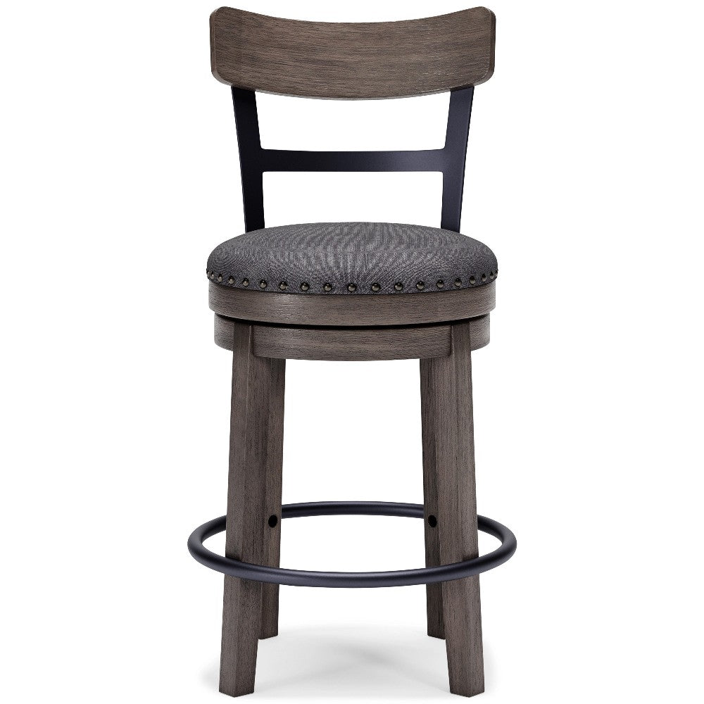 Benjara Swivel Barstool with Nailhead Trim And Curved Panel Back, Gray