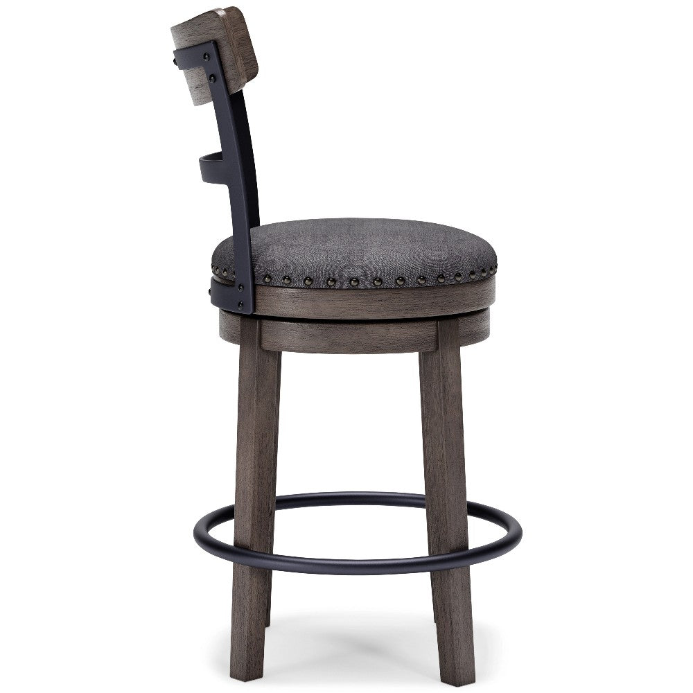 Benjara Swivel Barstool with Nailhead Trim And Curved Panel Back, Gray