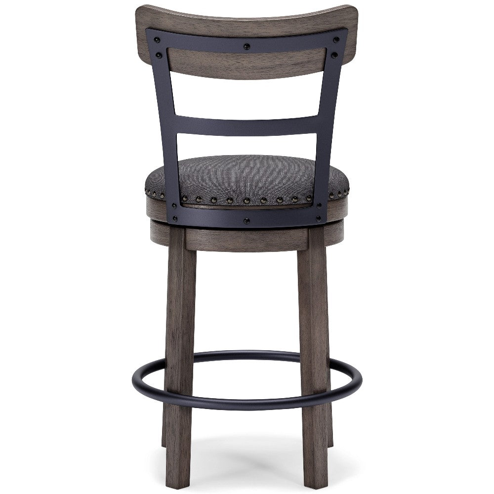 Benjara Swivel Barstool with Nailhead Trim And Curved Panel Back, Gray