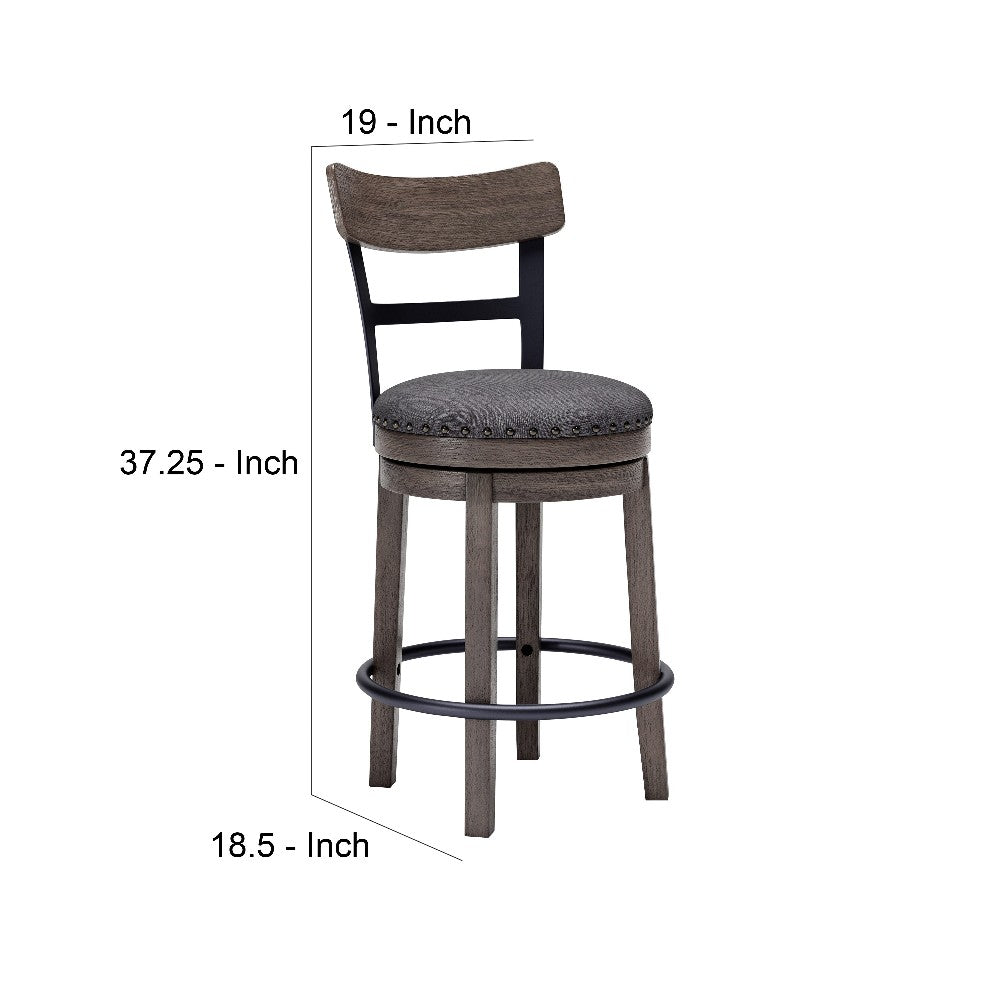 Benjara Swivel Barstool with Nailhead Trim And Curved Panel Back, Gray
