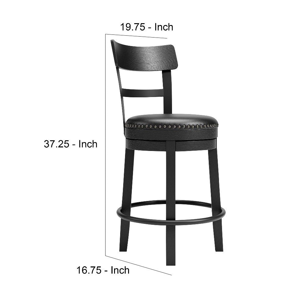 Benjara Solid Wood Counter Height Barstool, 360 Degree Swivel, Leatherette Seat, Black