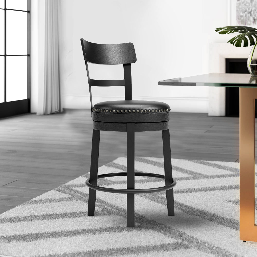 Benjara Solid Wood Counter Height Barstool, 360 Degree Swivel, Leatherette Seat, Black