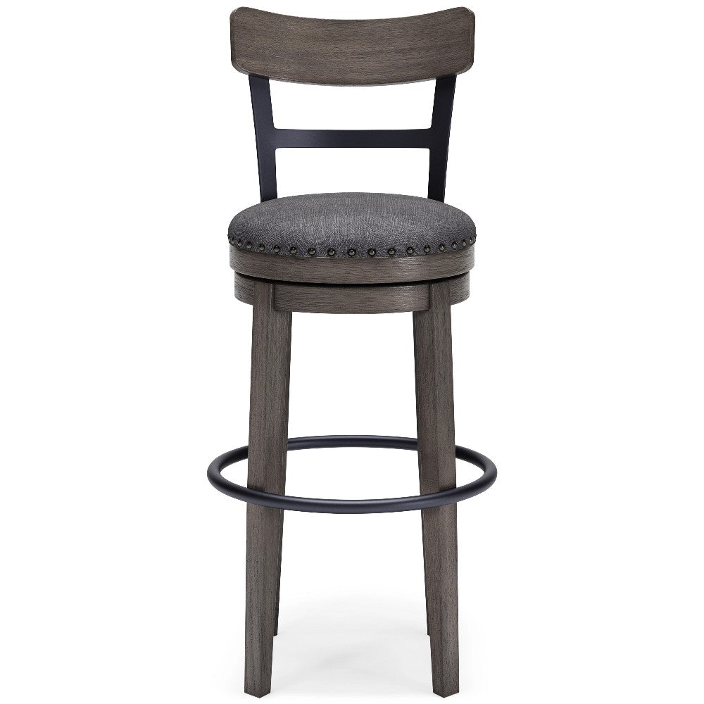 Benjara Swivel Barstool with Nailhead Trim And Curved Panel Back, Tall, Gray