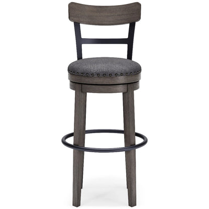 Benjara Swivel Barstool with Nailhead Trim And Curved Panel Back, Tall, Gray