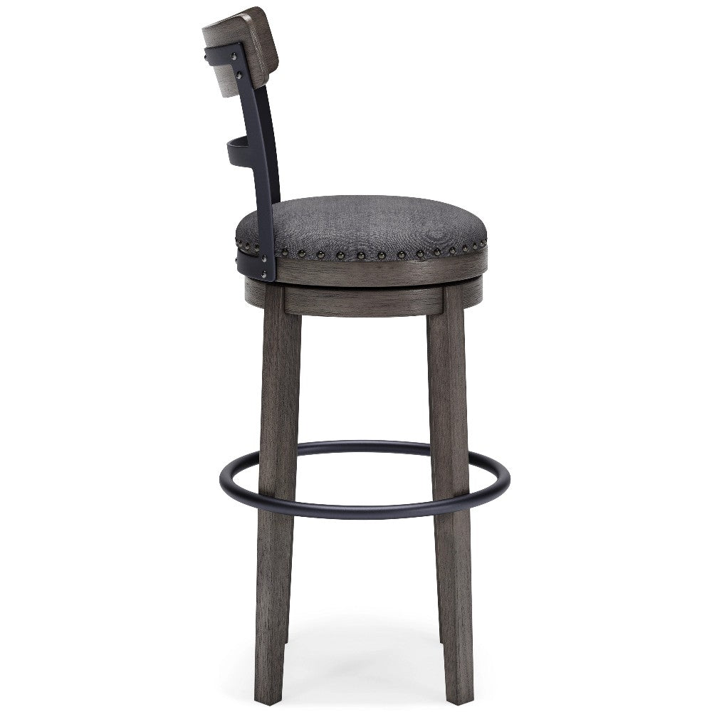 Benjara Swivel Barstool with Nailhead Trim And Curved Panel Back, Tall, Gray