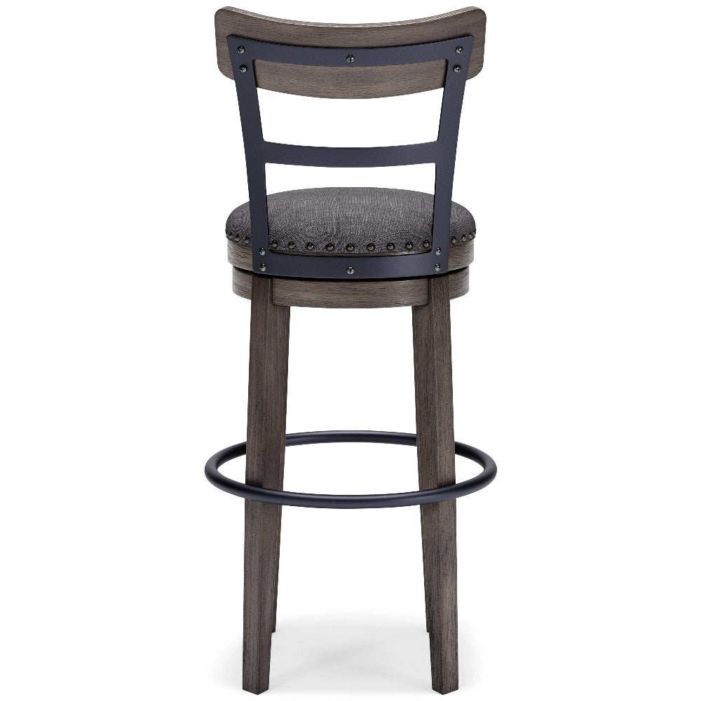 Benjara Swivel Barstool with Nailhead Trim And Curved Panel Back, Tall, Gray