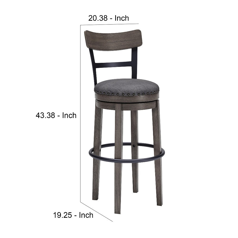 Benjara Swivel Barstool with Nailhead Trim And Curved Panel Back, Tall, Gray