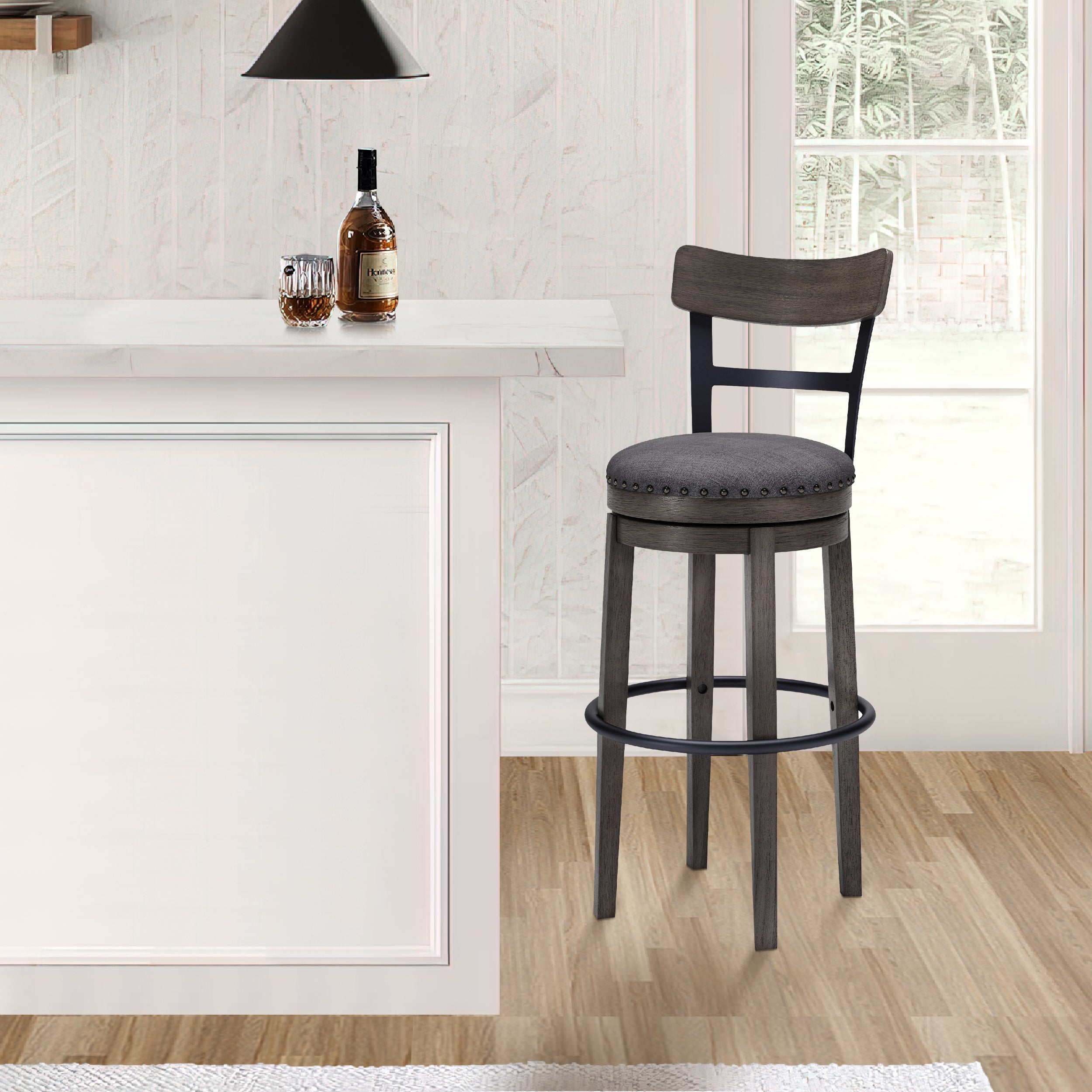 Benjara Swivel Barstool with Nailhead Trim And Curved Panel Back, Tall, Gray
