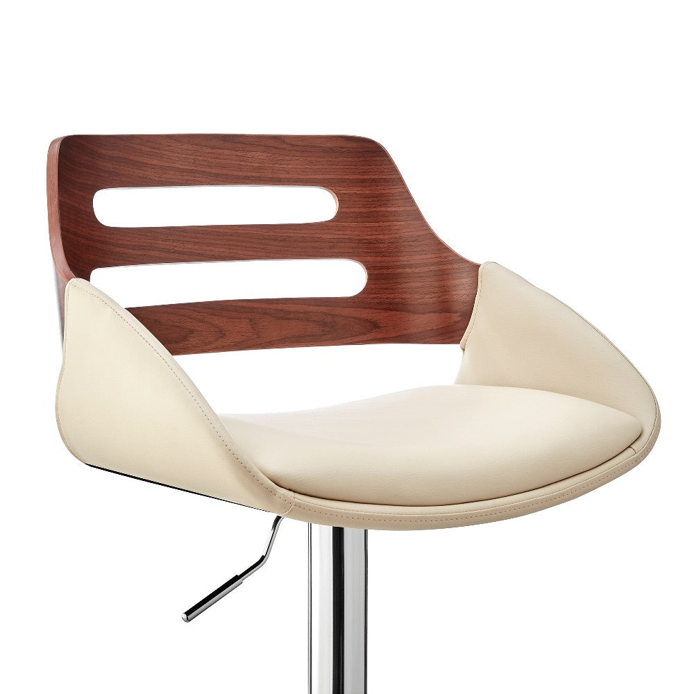 Benjara Faux Leather Adjustable Swivel Bar Stool, Walnut And Cream