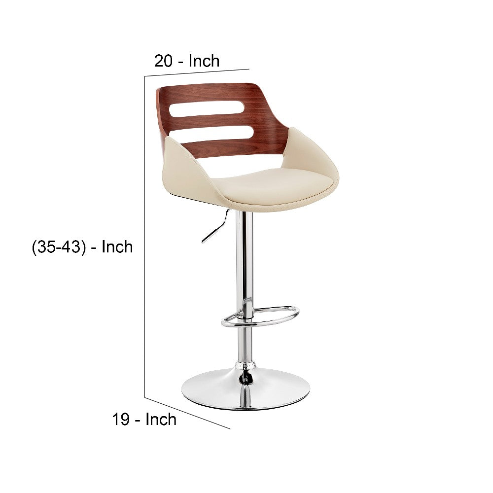 Benjara Faux Leather Adjustable Swivel Bar Stool, Walnut And Cream