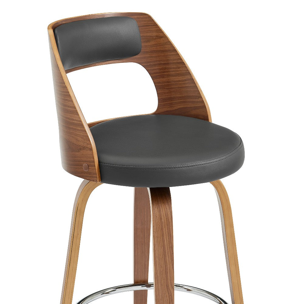Benjara Swivel Bar Stool with Open Design Wooden Back, Gray